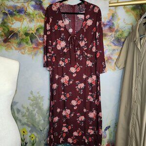 Suzanne Betro Floral & Polka Dot Dress XL Long Sleeve Burgundy
